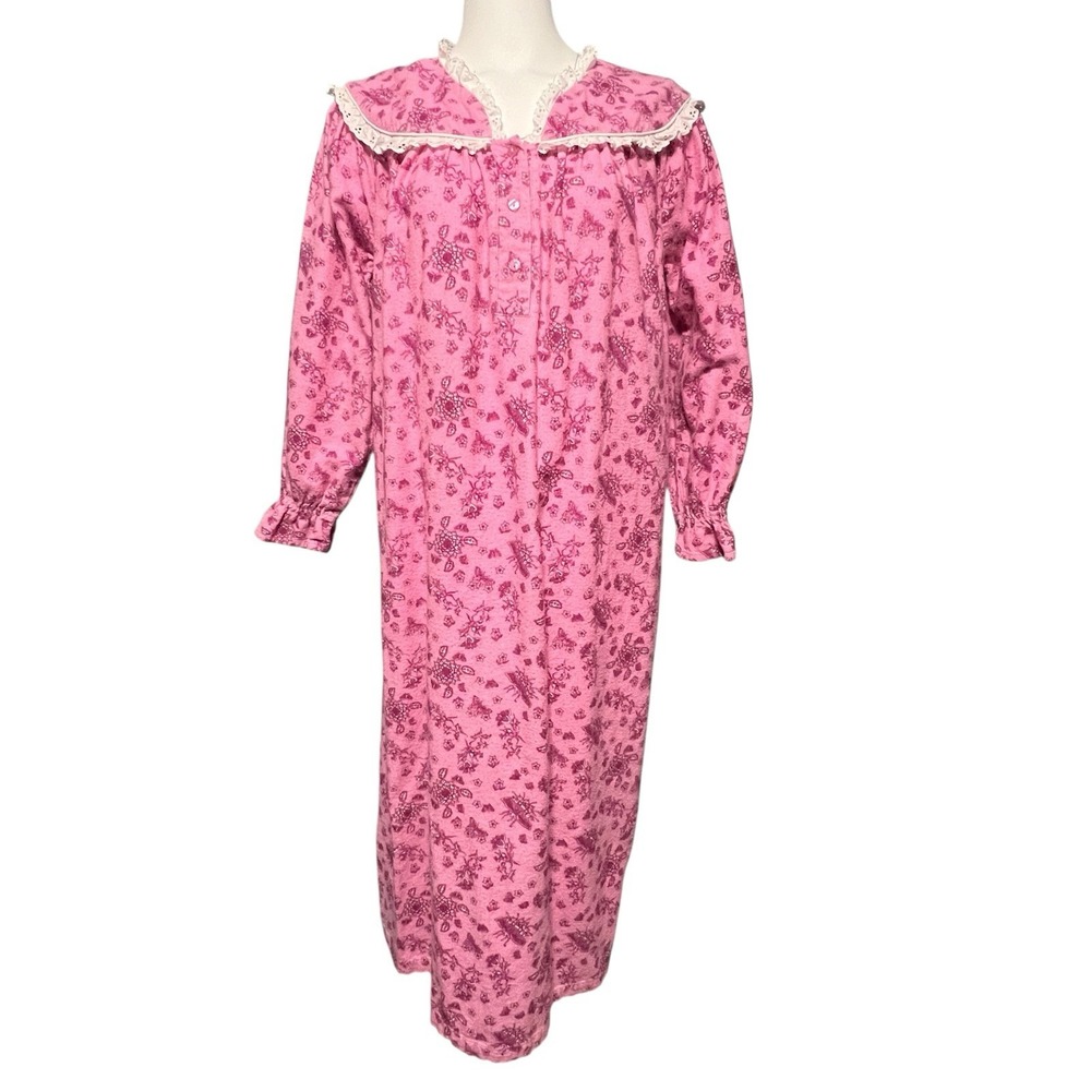 Vintage Flannel Nightgown Womens M Pink Floral Midi Length Eyelet Trim‎ Long